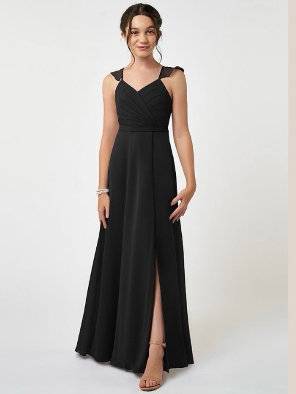Azazie Black Ruffle-Shoulder V-Neck Maxi Dress perfect for junior bridesmaid